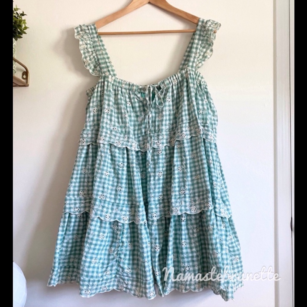 **SOLD***🌻NWOT🌻 Just Me Medium Flowy Green Gingham Embroidered Babydoll Mini - Picture 14 of 17